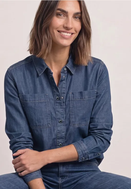 Langarm Denim Hemdbluse mit Knöpfen