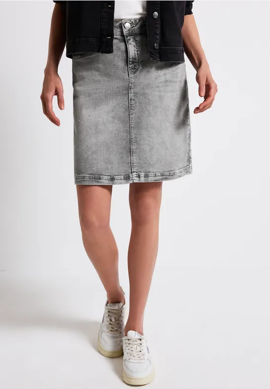 Thumbnail - Street One Frauen Jeansrock mit Schmucksteinen in Grau, Gr: 44