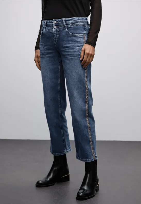 Thumbnail - Street One Frauen Straight Leg Jeans mit Tape in Blau, Gr: 34