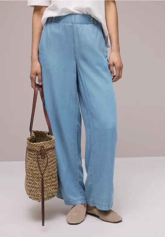 Street One Frauen High Waist Wide Leg Hose mit Knopfdetails in Blau, Gr: 32