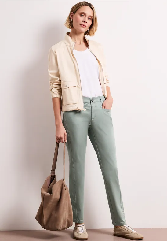 Street One Frauen Mid Waist Slim Leg Hose im Satin-Look in Grün, Gr: 44