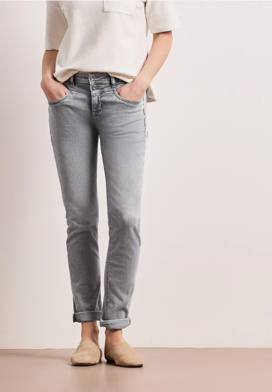 Street One Frauen Mid Waist Slim Leg Jeans mit Turn-Up in Grau, Gr: 24