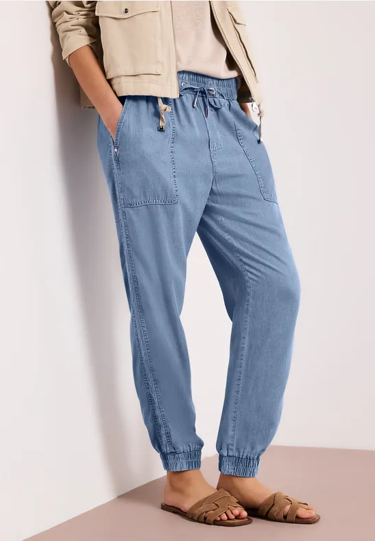 Street One Frauen Slim Leg Hose in Washed-Optik in Blau, Gr: 42