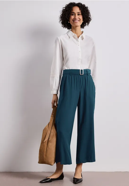 Street One Frauen Wide Leg Hose mit Gürteldetail in Türkis, Gr: 32