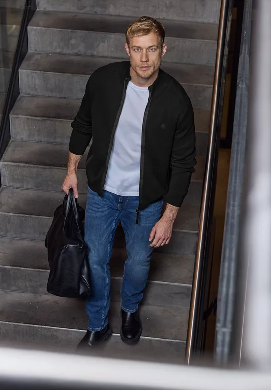 Thumbnail - Street One MEN Männer Strickjacke mit Stehkragen in Schwarz, Gr: L