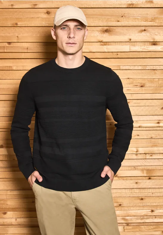 Thumbnail - Street One MEN Männer Strukturstreifen Pullover in Schwarz, Gr: L