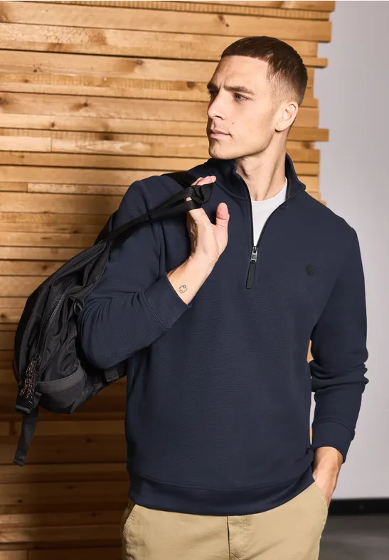 Thumbnail - Street One MEN Männer Strukturpullover mit Troyer in Blau, Gr: L