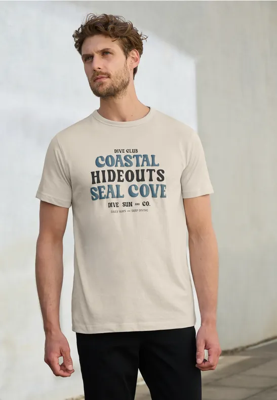 Thumbnail - Street One MEN Männer Baumwoll-Shirt mit Wording in Beige, Gr: XL