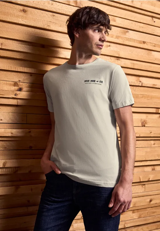 Thumbnail - Street One MEN Männer T-Shirt mit Wording Detail in Beige, Gr: L