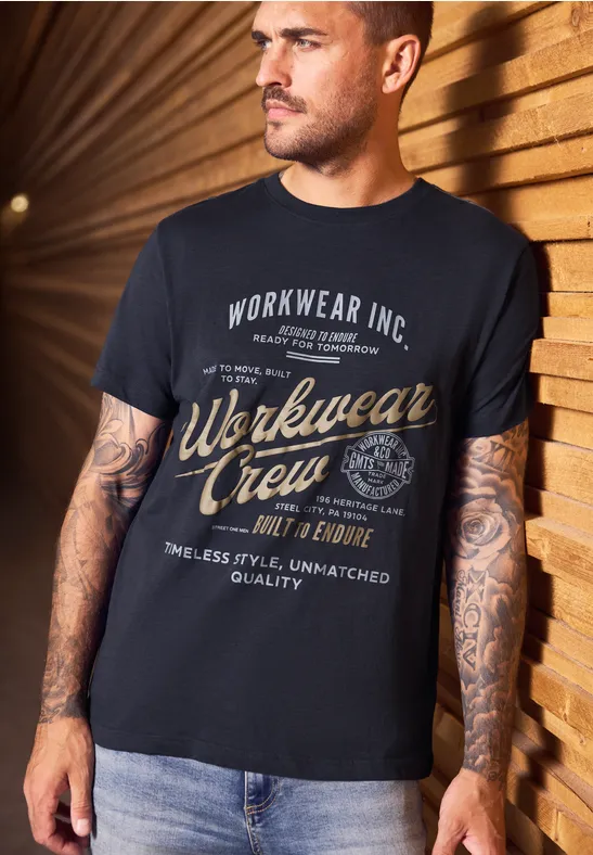 Thumbnail - Street One MEN Männer Slub T-Shirt mit Wording in Blau, Gr: XXL