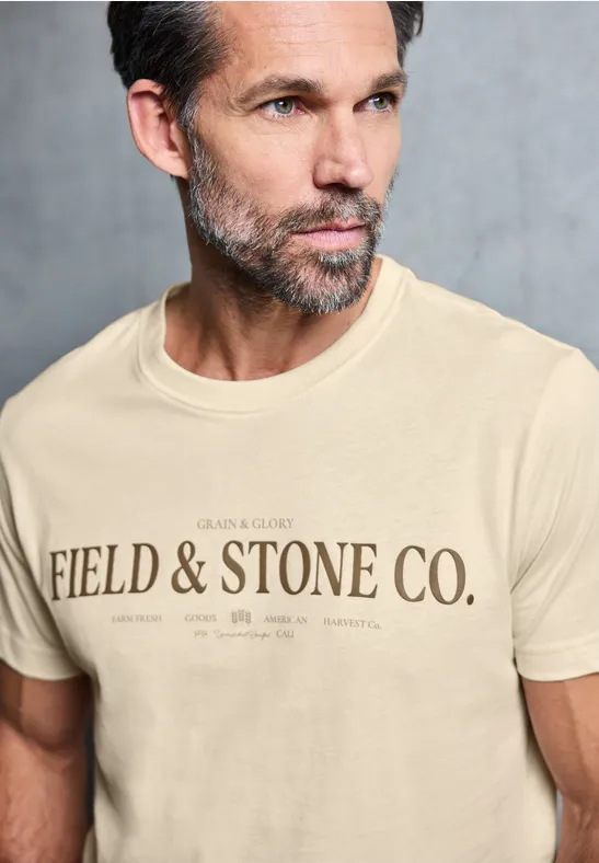 Thumbnail - Street One MEN Männer Softes T-Shirt mit Wording in Beige, Gr: XXL