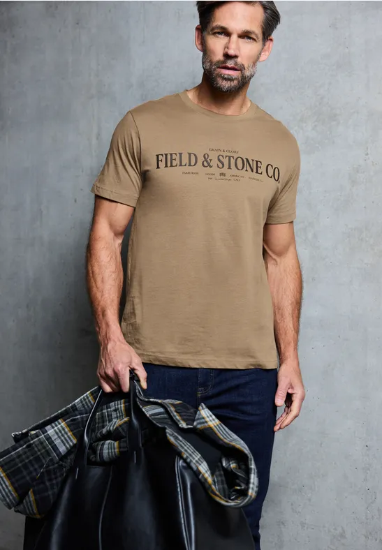 Thumbnail - Street One MEN Männer Softes T-Shirt mit Wording in Braun, Gr: 3XL