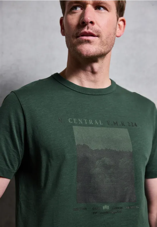 Thumbnail - Street One MEN Männer Slub T-Shirt mit Fotoprint in Grün, Gr: S