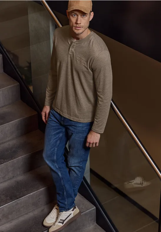 Thumbnail - Street One MEN Männer Langarmshirt mit Stickerei in Braun, Gr: 3XL