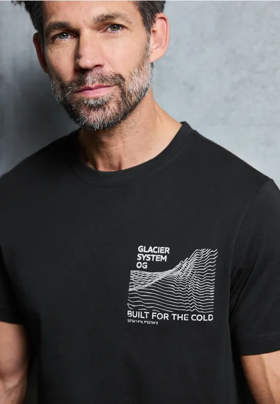 Thumbnail - Street One MEN Männer Basic T-Shirt mit Chestprint in Schwarz, Gr: S