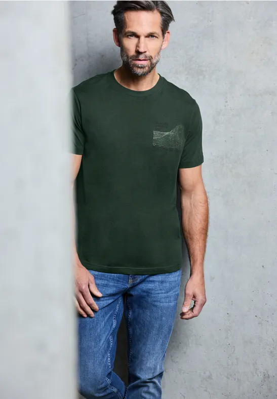 Thumbnail - Street One MEN Männer Basic T-Shirt mit Chestprint in Grün, Gr: S