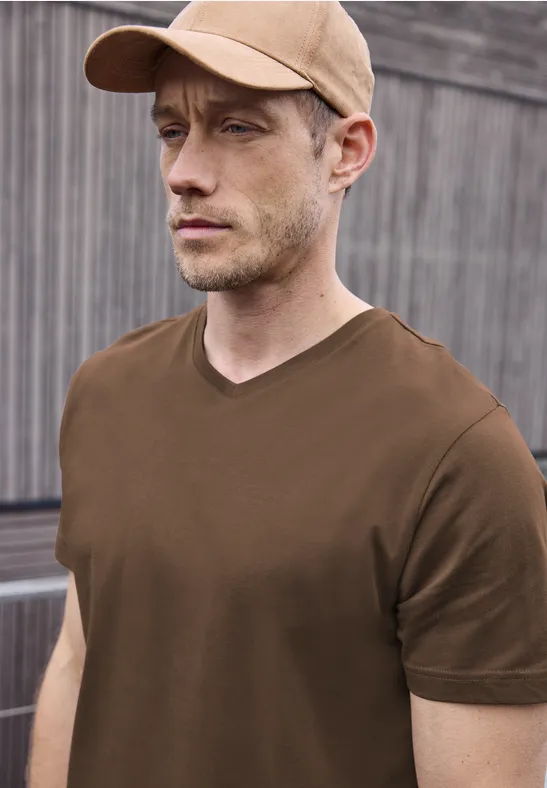 Thumbnail - Street One MEN Männer Basic V-Neck T-Shirt in Braun, Gr: XXL
