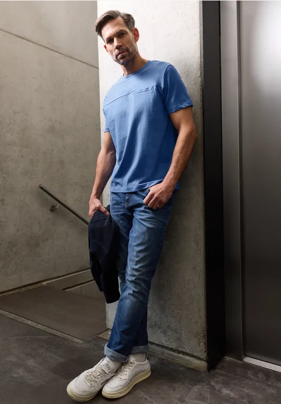 Thumbnail - Street One MEN Männer T-Shirt mit Brusttasche in Blau, Gr: M