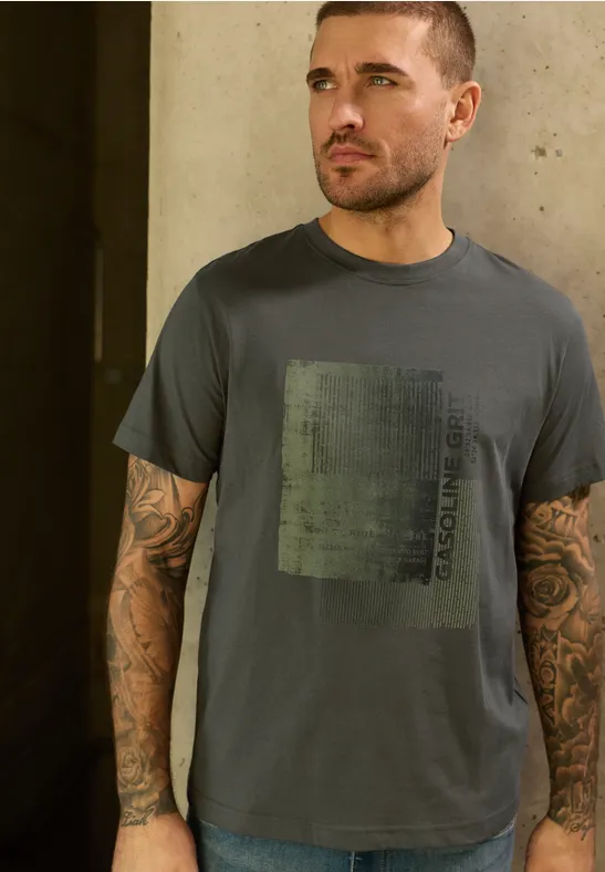 Thumbnail - Street One MEN Männer T-Shirt mit Frontprint in Grau, Gr: XL