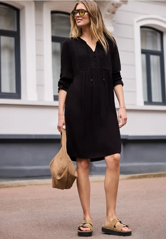 Street One Studio Frauen Knielanges Kleid mit Embroidery in Schwarz, Gr: 36