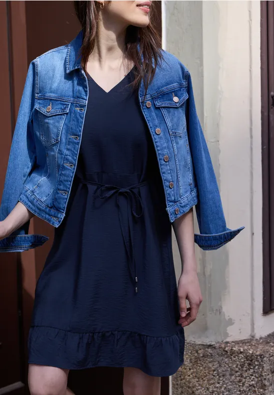 Street One Studio Frauen Knielanges Kleid mit Volant-Detail in Blau, Gr: 34