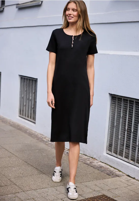 Street One Studio Frauen Midi-Kleid in Rippstruktur mit Rundhals in Schwarz, Gr: 46