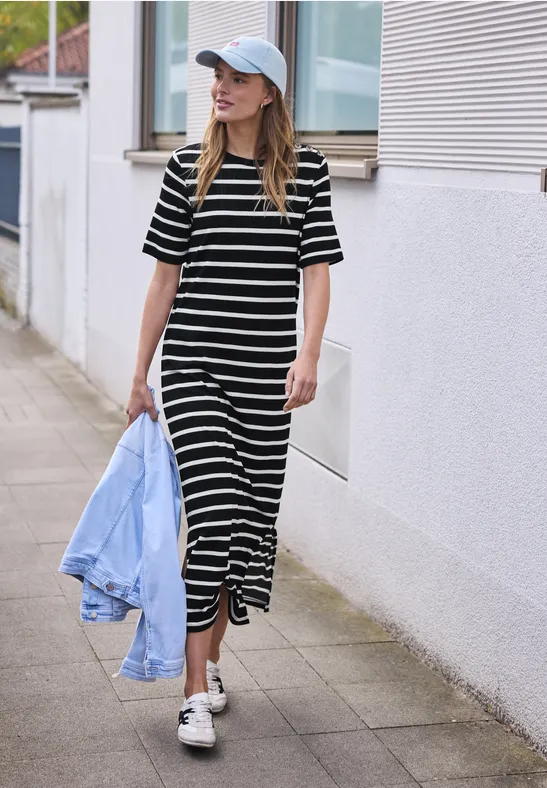 Street One Studio Frauen Gestreiftes Midi-Kleid mit Zierknöpfen in Schwarz, Gr: 36