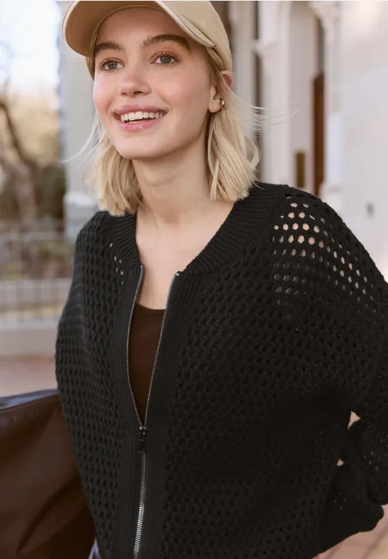 Street One Studio Frauen Cardigan mit Rundhals und Zipper in Schwarz, Gr: 42