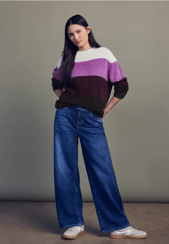 Thumbnail - Street One Studio Frauen Streifen Federgarnpullover in Beige, Gr: 42