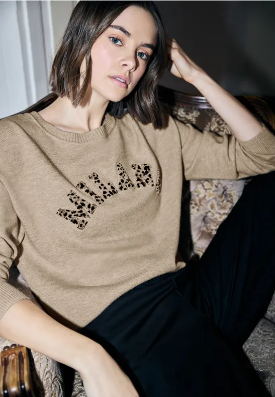 Thumbnail - Street One Studio Frauen Pullover mit Leo-Wording in Beige, Gr: 44