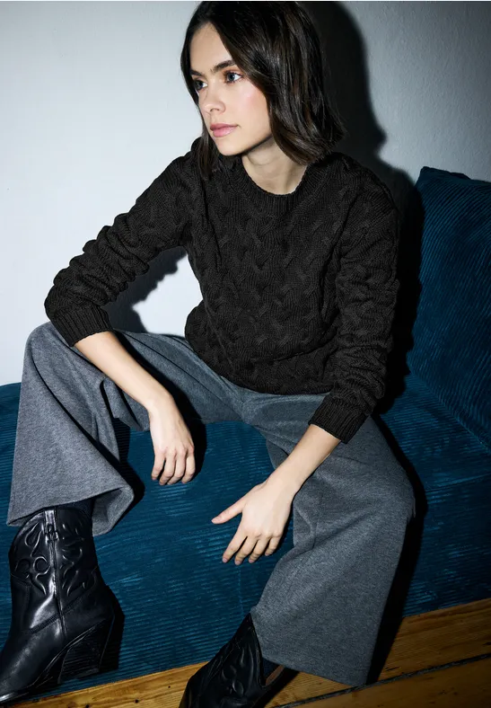 Thumbnail - Street One Studio Frauen Pullover mit Zopfmuster in Schwarz, Gr: 40