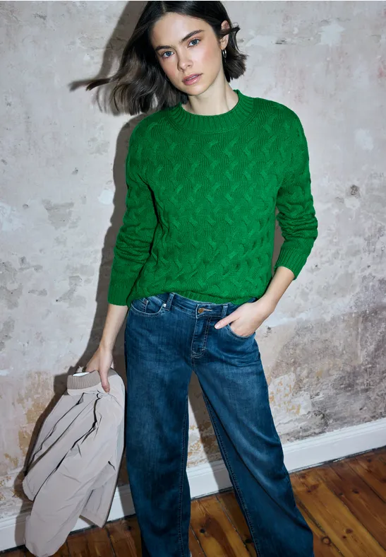 Thumbnail - Street One Studio Frauen Pullover mit Zopfmuster in Grün, Gr: 42