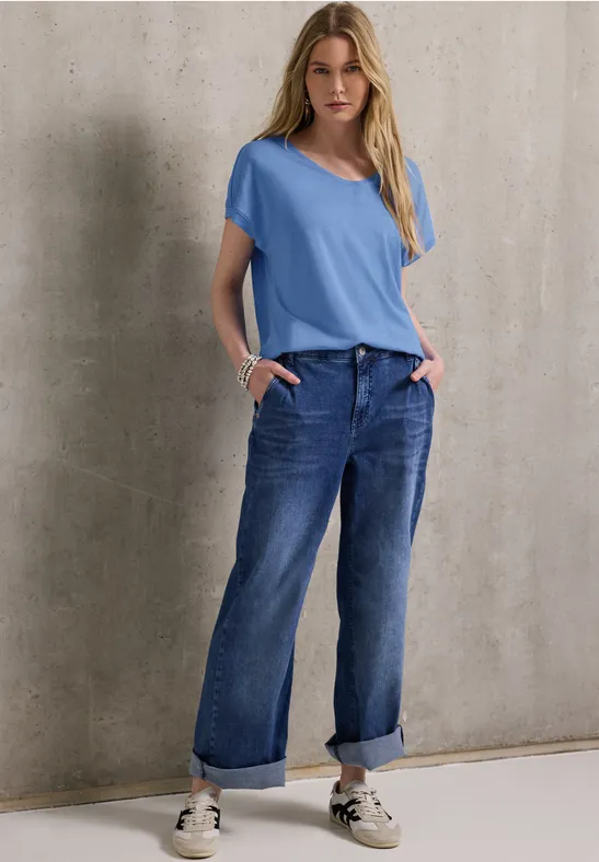 Thumbnail - Street One Studio Frauen Jersey V-Neck T-Shirt in Blau, Gr: 36