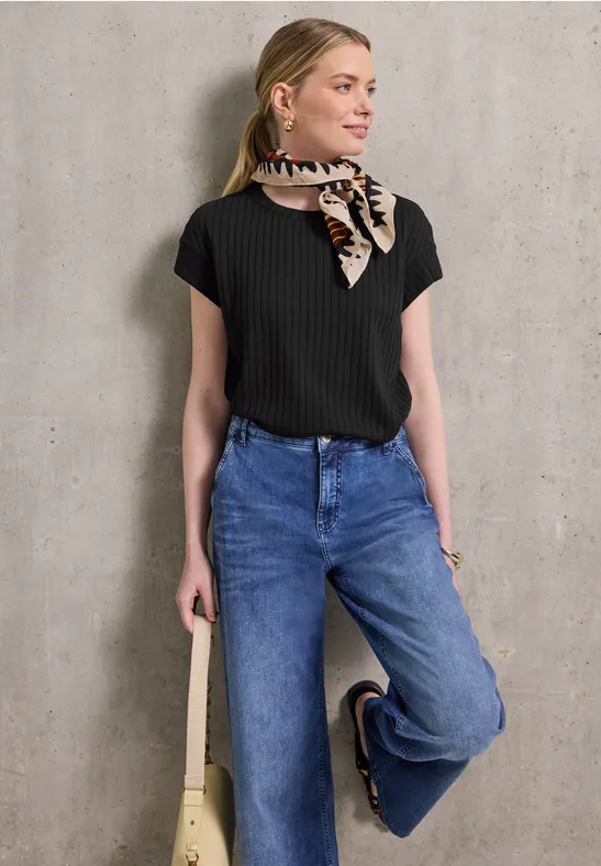 Street One Studio Frauen Shirt mit Rippstruktur in Schwarz, Gr: 38