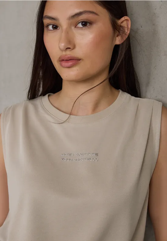 Thumbnail - Street One Studio Frauen Silk-Look Top mit Wording in Beige, Gr: 34