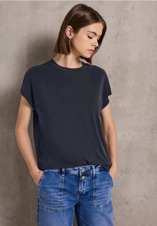 Thumbnail - Street One Studio Frauen Basic Silk-Look Shirt in Blau, Gr: 46