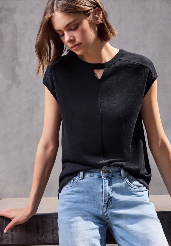 Street One Studio Frauen Leinen-Look Cut-Out Shirt in Blau, Gr: 46