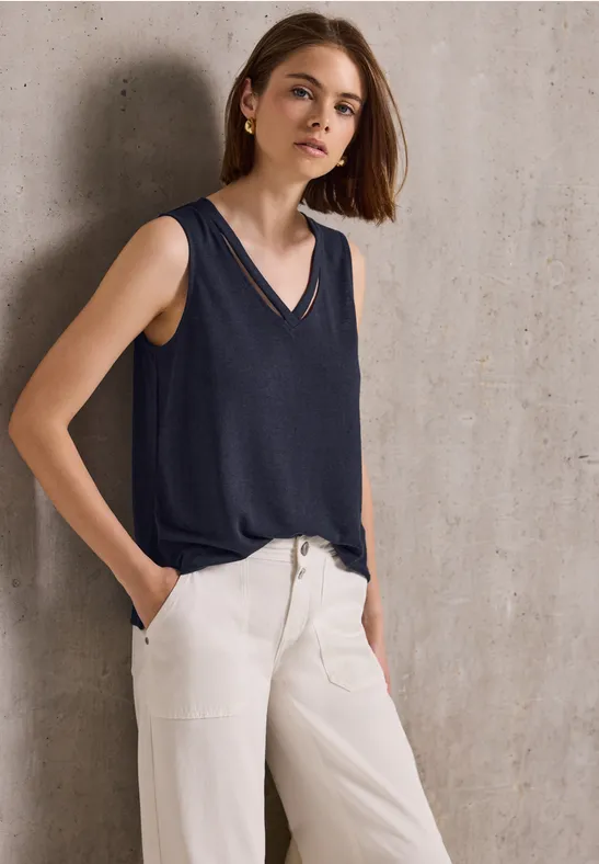 Thumbnail - Street One Studio Frauen Leinen-Look Top mit Cut-Outs in Blau, Gr: 40