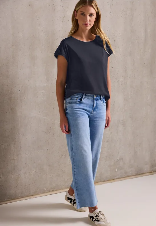 Street One Studio Frauen Shirt mit Schulterdetail in Blau, Gr: 36