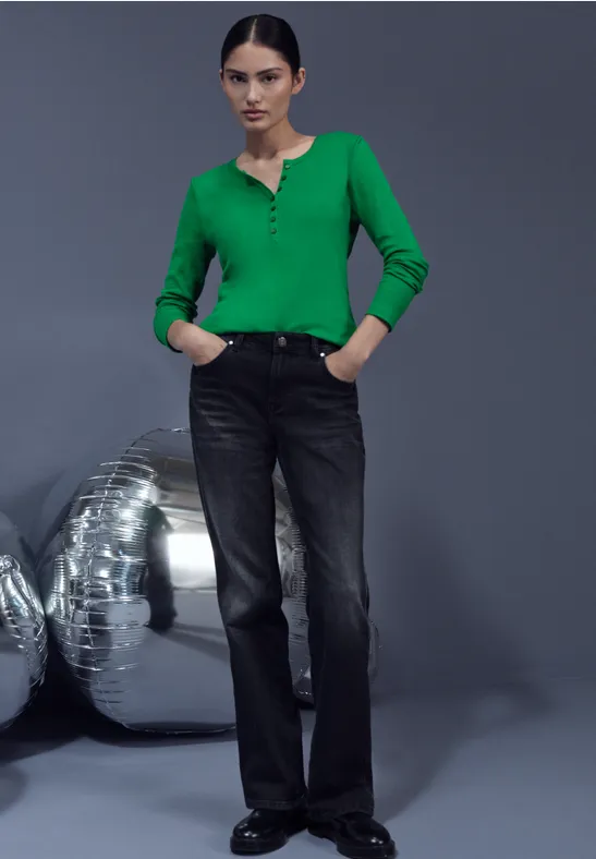 Street One Studio Frauen Rippshirt mit Knöpfen in Grün, Gr: 34