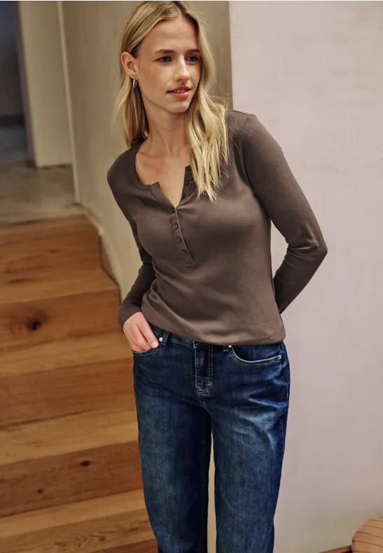 Thumbnail - Street One Studio Frauen Rippshirt mit Knöpfen in Braun, Gr: 40