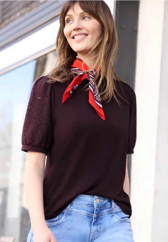 Street One Studio Frauen T-Shirt mit Rundhals und Spitzenärmeln in Lila, Gr: 34