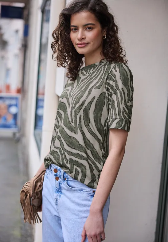 Street One Studio Frauen T-Shirt mit Rundhals und Puffärmeln in Grün, Gr: 36