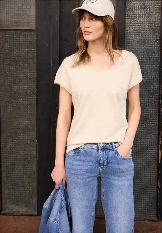 Street One Studio Frauen Dropped Shoulder Shirt aus Jersey in Beige, Gr: 34