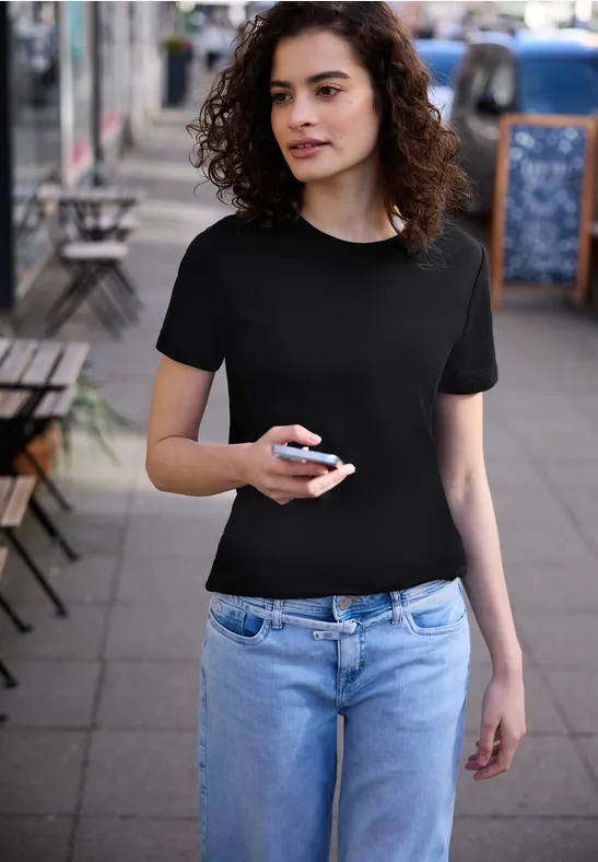 Street One Studio Frauen Basic T-Shirt mit Rundhals und Kurzarm in Schwarz, Gr: 36