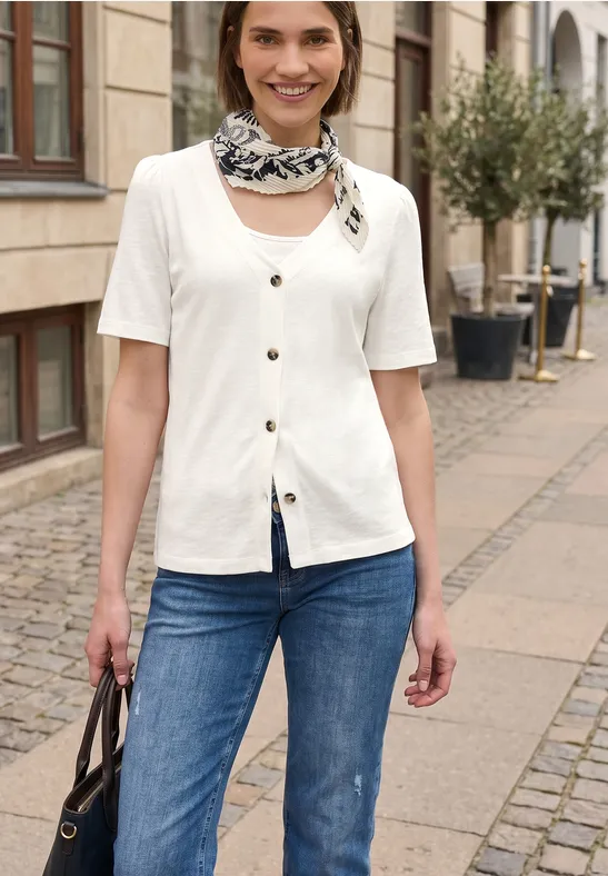 Street One Studio Frauen Shirt mit V-Neck und Knopfleiste in Weiß, Gr: 36