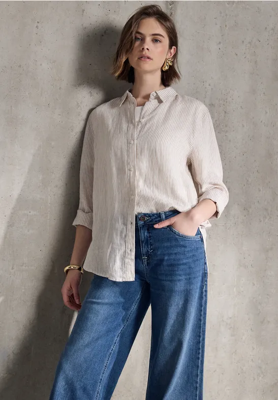 Thumbnail - Street One Studio Frauen Gestreifte Leinen-Hemdbluse in Beige, Gr: 36