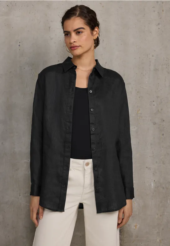 Thumbnail - Street One Studio Frauen Leinen-Hemdbluse in Schwarz, Gr: 34