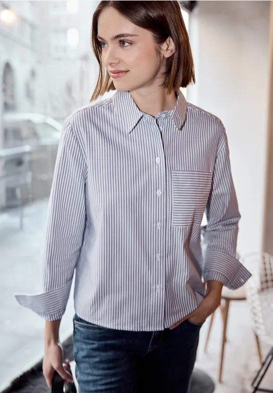 Thumbnail - Street One Studio Frauen Gestreifte Hemdbluse in Blau, Gr: 38