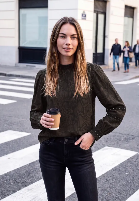 Blouse met lange mouwen, studs en een gesmokte kraag